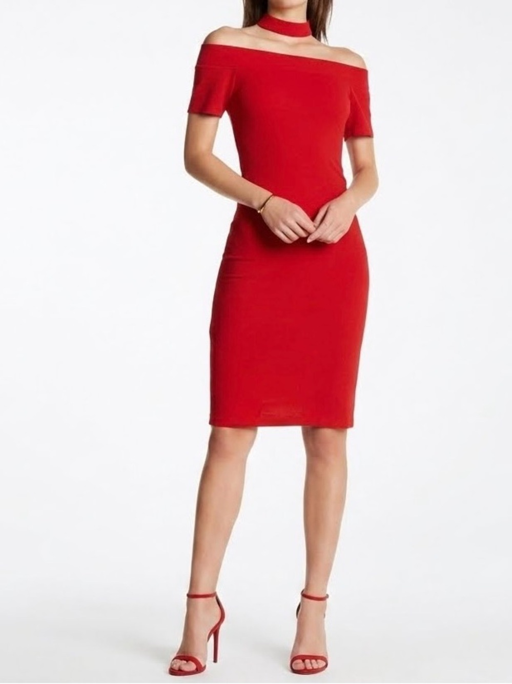 Nicole Miller Studio Off the Shoulder Midi Dress Red Bodycon Dress